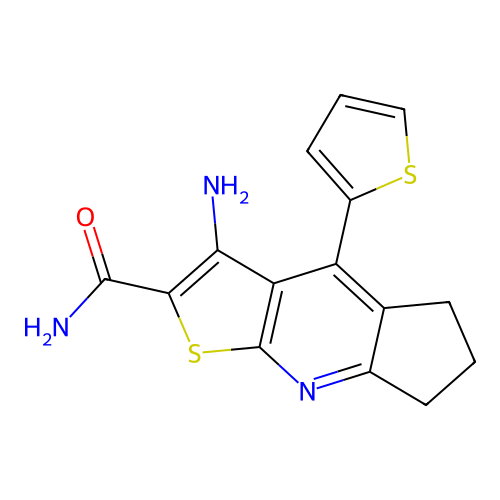3-amino-4-(thiophen-2-yl)-6,7-dihydro-5H-cyclopenta[b]thieno[3,2-e]pyridine-2-carboxamide structure