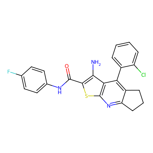 3-amino-4-(2-chlorophenyl)-N-(4-fluorophenyl)-6,7-dihydro-5H-cyclopenta[b]thieno[3,2-e]pyridine-2-carboxamide structure