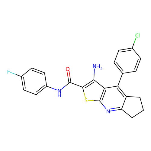 3-amino-4-(4-chlorophenyl)-N-(4-fluorophenyl)-6,7-dihydro-5H-cyclopenta[b]thieno[3,2-e]pyridine-2-carboxamide structure