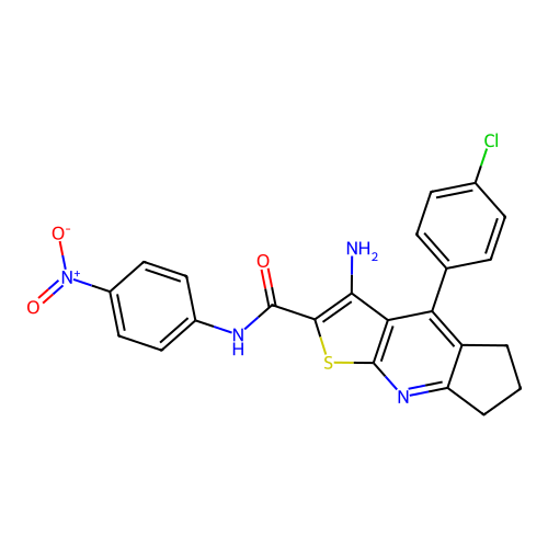 3-amino-4-(4-chlorophenyl)-N-(4-nitrophenyl)-6,7-dihydro-5H-cyclopenta[b]thieno[3,2-e]pyridine-2-carboxamide structure