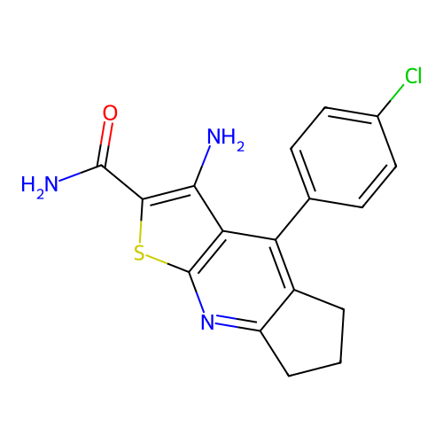 3-amino-4-(4-chlorophenyl)-6,7-dihydro-5H-cyclopenta[b]thieno[3,2-e]pyridine-2-carboxamide structure