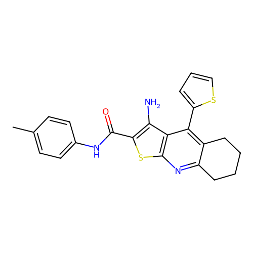 3-amino-4-(thiophen-2-yl)-N-(p-tolyl)-5,6,7,8-tetrahydrothieno[2,3-b]quinoline-2-carboxamide structure