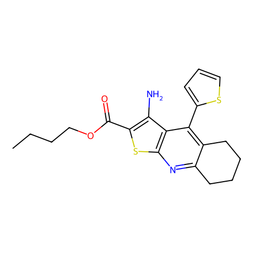butyl 3-amino-4-(thiophen-2-yl)-5,6,7,8-tetrahydrothieno[2,3-b]quinoline-2-carboxylate structure