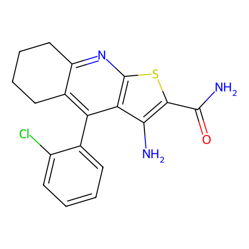 3-amino-4-(2-chlorophenyl)-5,6,7,8-tetrahydrothieno[2,3-b]quinoline-2-carboxamide structure