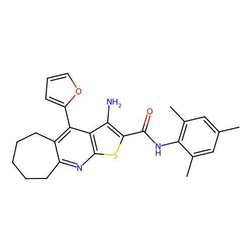 3-amino-4-(2-furyl)-N-mesityl-6,7,8,9-tetrahydro-5H-cyclohepta[b]thieno[3,2-e]pyridine-2-carboxamide structure