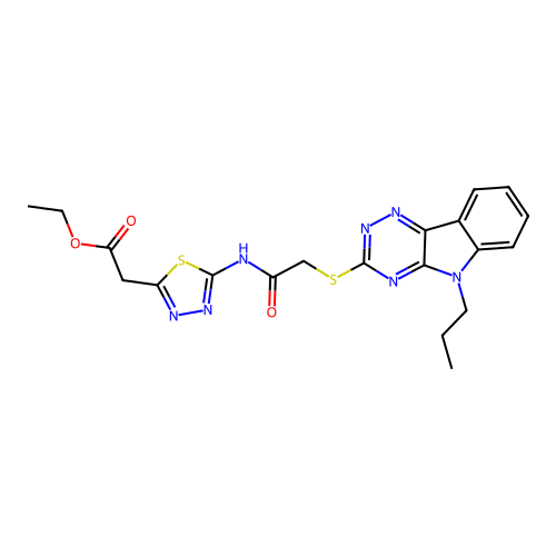 ethyl [5-({[(5-propyl-5H-[1,2,4]triazino[5,6-b]indol-3-yl)sulfanyl]acetyl}amino)-1,3,4-thiadiazol-2-yl]acetate structure