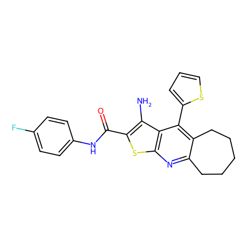 3-amino-N-(4-fluorophenyl)-4-(thiophen-2-yl)-6,7,8,9-tetrahydro-5H-cyclohepta[b]thieno[3,2-e]pyridine-2-carboxamide structure