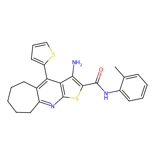3-amino-4-(thiophen-2-yl)-N-(o-tolyl)-6,7,8,9-tetrahydro-5H-cyclohepta[b]thieno[3,2-e]pyridine-2-carboxamide structure