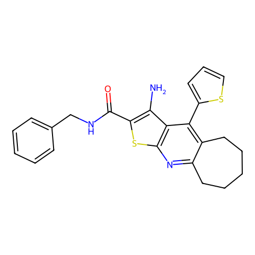 3-amino-N-benzyl-4-(thiophen-2-yl)-6,7,8,9-tetrahydro-5H-cyclohepta[b]thieno[3,2-e]pyridine-2-carboxamide structure