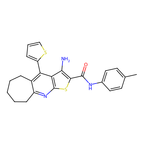 3-amino-4-(thiophen-2-yl)-N-(p-tolyl)-6,7,8,9-tetrahydro-5H-cyclohepta[b]thieno[3,2-e]pyridine-2-carboxamide structure