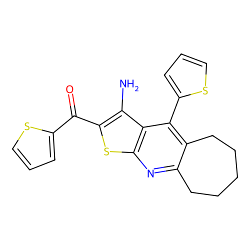 (3-amino-4-(thiophen-2-yl)-6,7,8,9-tetrahydro-5H-cyclohepta[b]thieno[3,2-e]pyridin-2-yl)(thiophen-2-yl)methanone structure