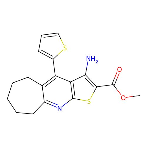 methyl 3-amino-4-(thiophen-2-yl)-6,7,8,9-tetrahydro-5H-cyclohepta[b]thieno[3,2-e]pyridine-2-carboxylate structure