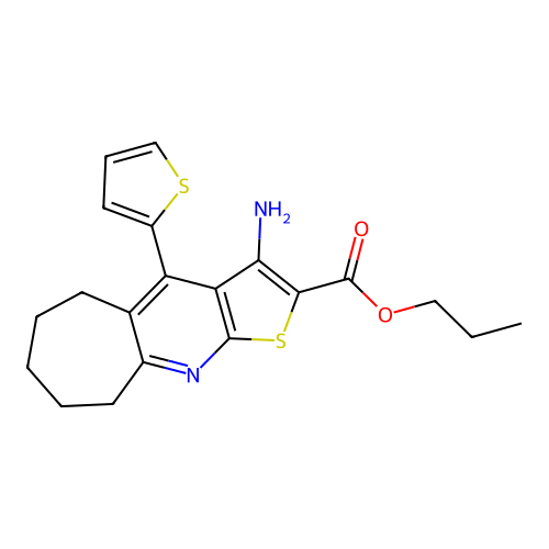 propyl 3-amino-4-(thiophen-2-yl)-6,7,8,9-tetrahydro-5H-cyclohepta[b]thieno[3,2-e]pyridine-2-carboxylate structure