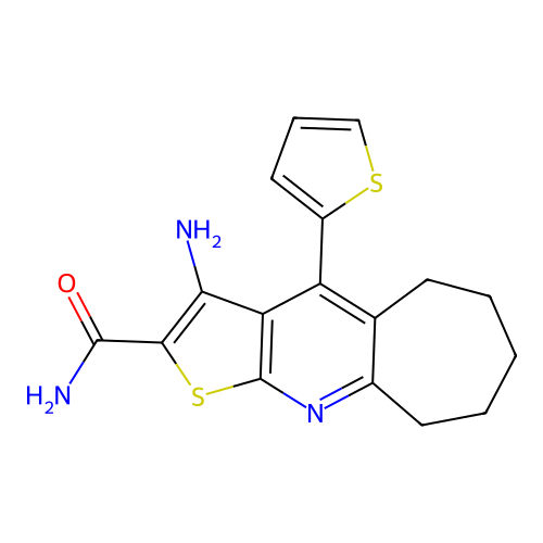 3-amino-4-(thiophen-2-yl)-6,7,8,9-tetrahydro-5H-cyclohepta[b]thieno[3,2-e]pyridine-2-carboxamide structure