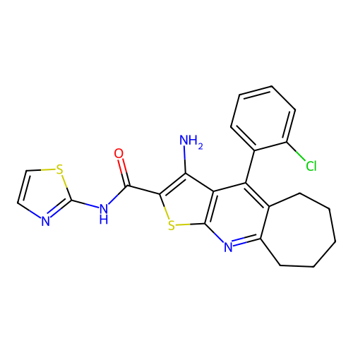 3-amino-4-(2-chlorophenyl)-N-(1,3-thiazol-2-yl)-6,7,8,9-tetrahydro-5H-cyclohepta[b]thieno[3,2-e]pyridine-2-carboxamide structure