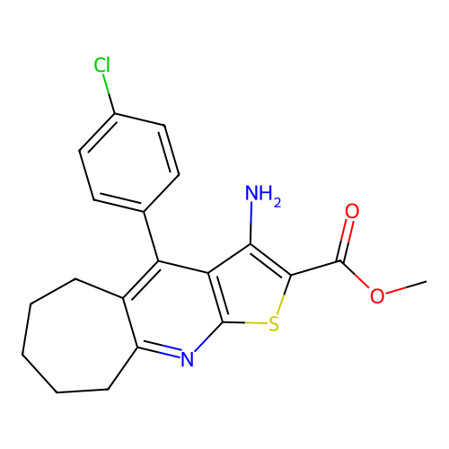 methyl 3-amino-4-(4-chlorophenyl)-6,7,8,9-tetrahydro-5H-cyclohepta[b]thieno[3,2-e]pyridine-2-carboxylate structure