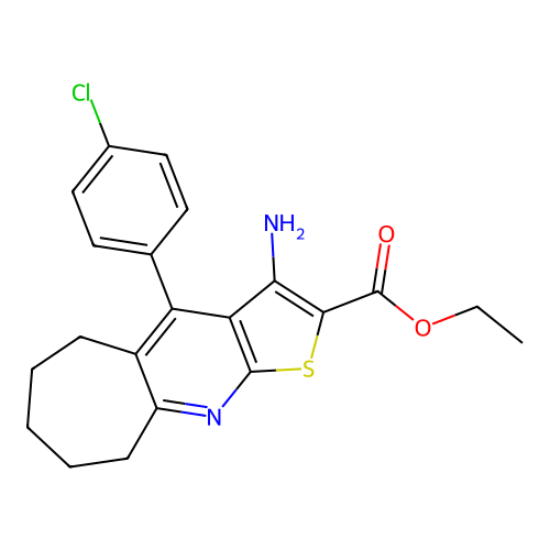 ethyl 3-amino-4-(4-chlorophenyl)-6,7,8,9-tetrahydro-5H-cyclohepta[b]thieno[3,2-e]pyridine-2-carboxylate structure