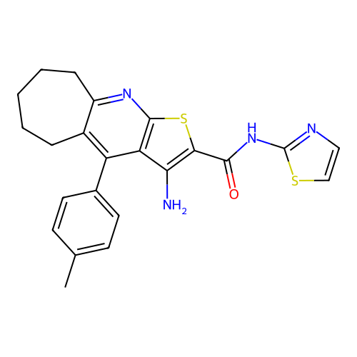3-amino-4-(4-methylphenyl)-N-(1,3-thiazol-2-yl)-6,7,8,9-tetrahydro-5H-cyclohepta[b]thieno[3,2-e]pyridine-2-carboxamide structure