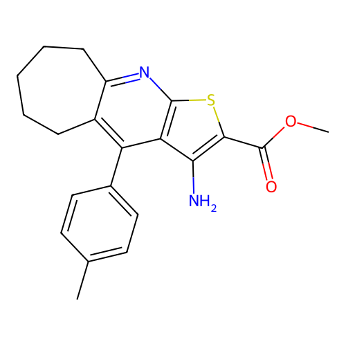 methyl 3-amino-4-(4-methylphenyl)-6,7,8,9-tetrahydro-5H-cyclohepta[b]thieno[3,2-e]pyridine-2-carboxylate structure
