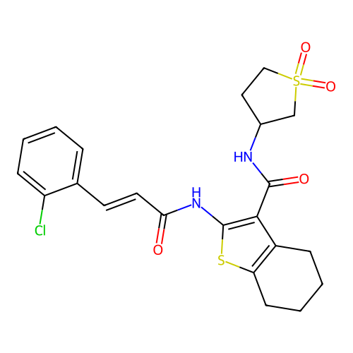 2-{[(2E)-3-(2-chlorophenyl)prop-2-enoyl]amino}-N-(1,1-dioxidotetrahydrothiophen-3-yl)-4,5,6,7-tetrahydro-1-benzothiophene-3-carboxamide structure