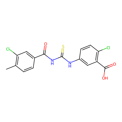 2-Chloro-5-({[(3-chloro-4-methylbenzoyl)amino]carbonothioyl}amino)benzoic acid structure