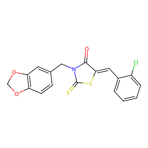 (Z)-3-(benzo[d][1,3]dioxol-5-ylmethyl)-5-(2-chlorobenzylidene)-2-thioxothiazolidin-4-one structure