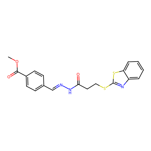 (E)-methyl 4-((2-(3-(benzo[d]thiazol-2-ylthio)propanoyl)hydrazono)methyl)benzoate structure
