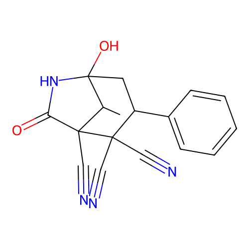 5-hydroxy-8-methyl-7-oxo-3-phenyl-6-azabicyclo[3.2.1]octane-1,2,2-tricarbonitrile structure