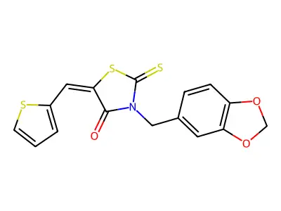 (E)-3-(benzo[d][1,3]dioxol-5-ylmethyl)-5-(thiophen-2-ylmethylene)-2-thioxothiazolidin-4-one structure