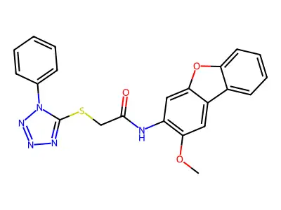 N-(2-methoxydibenzofuran-3-yl)-2-(1-phenyltetrazol-5-yl)sulfanylacetamide structure