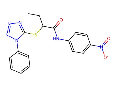 N-(4-nitrophenyl)-2-(1-phenyltetrazol-5-yl)sulfanylbutanamide structure