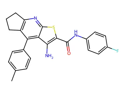 3-amino-N-(4-fluorophenyl)-4-(p-tolyl)-6,7-dihydro-5H-cyclopenta[b]thieno[3,2-e]pyridine-2-carboxamide structure