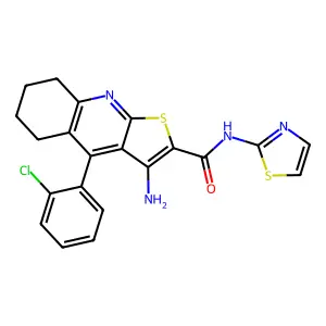 3-amino-4-(2-chlorophenyl)-N-(1,3-thiazol-2-yl)-5,6,7,8-tetrahydrothieno[2,3-b]quinoline-2-carboxamide structure