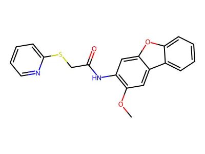 N-(2-methoxydibenzofuran-3-yl)-2-pyridin-2-ylsulfanylacetamide structure