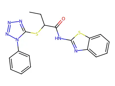 N-(1,3-benzothiazol-2-yl)-2-(1-phenyltetrazol-5-yl)sulfanylbutanamide structure