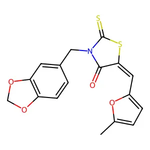 (5Z)-3-(1,3-benzodioxol-5-ylmethyl)-5-[(5-methylfuran-2-yl)methylidene]-2-thioxo-1,3-thiazolidin-4-one structure