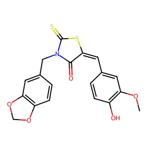 (5Z)-3-(1,3-benzodioxol-5-ylmethyl)-5-[(4-hydroxy-3-methoxyphenyl)methylidene]-2-sulfanylidene-1,3-thiazolidin-4-one structure