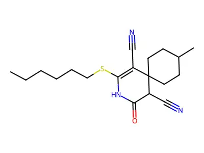 2-(Hexylthio)-9-methyl-4-oxo-3-azaspiro[5.5]undec-1-ene-1,5-dicarbonitrile structure