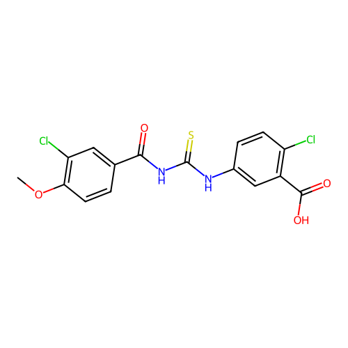 2-Chloro-5-({[(3-chloro-4-methoxybenzoyl)amino]carbonothioyl}amino)benzoic acid structure