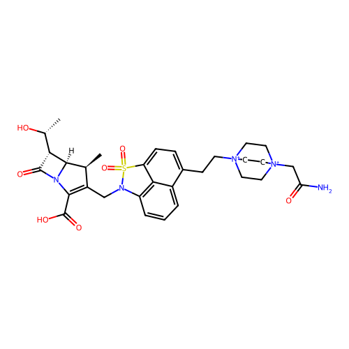(4S,5beta)-3-[[6-[2-[4-(Carbamoylmethyl)-1,4-diazoniabicyclo[2.2.2]octane-1-yl]ethyl]-2H-naphtho[1,8-cd]isothiazole 1,1-dioxide]-2-ylmethyl]-4alpha-methyl-6beta-[(R)-1-hydroxyethyl]-7-oxo-1-azabicyclo[3.2.0]hepta-2-ene-2-carboxylate structure