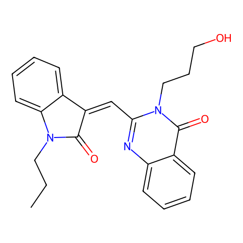 (Z)-3-(3-hydroxypropyl)-2-((2-oxo-1-propylindolin-3-ylidene)methyl)quinazolin-4(3H)-one structure