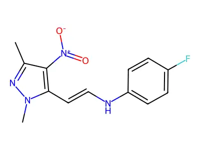 N-[(E)-2-(1,3-dimethyl-4-nitro-1H-pyrazol-5-yl)ethenyl]-4-fluoroaniline structure