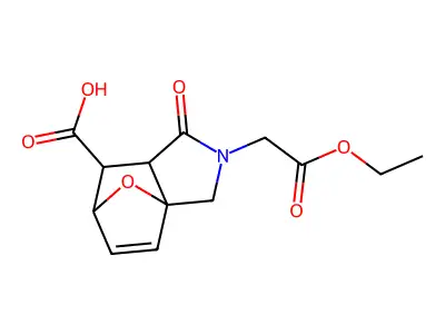 3-Ethoxycarbonylmethyl-4-oxo-10-oxa-3-aza-tricyclo[5.2.1.0*1,5*]dec-8-ene-6-carboxylic acid structure