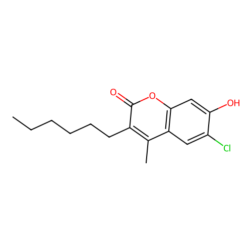 6-chloro-3-hexyl-7-hydroxy-4-methyl-2H-chromen-2-one structure