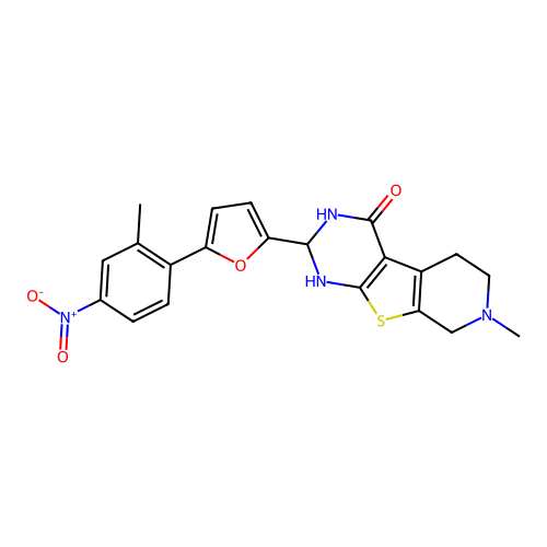 7-methyl-2-[5-(2-methyl-4-nitrophenyl)furan-2-yl]-2,3,5,6,7,8-hexahydropyrido[4',3':4,5]thieno[2,3-d]pyrimidin-4(1H)-one structure