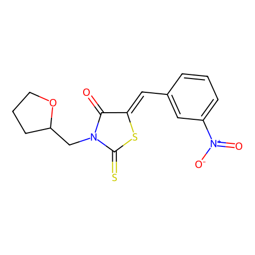 (5Z)-5-(3-nitrobenzylidene)-3-(tetrahydrofuran-2-ylmethyl)-2-thioxo-1,3-thiazolidin-4-one structure