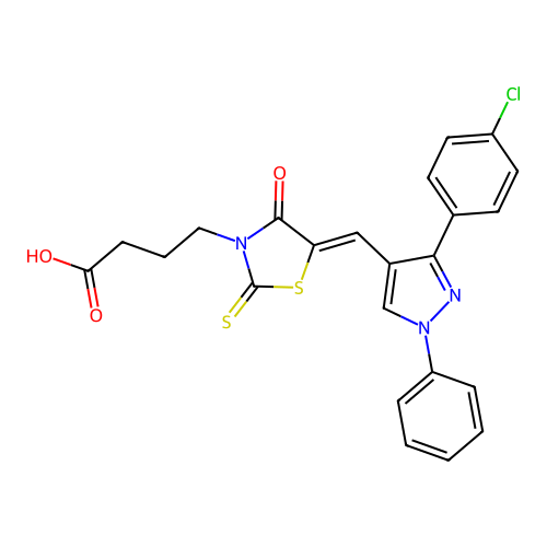 (Z)-4-(5-((3-(4-chlorophenyl)-1-phenyl-1H-pyrazol-4-yl)methylene)-4-oxo-2-thioxothiazolidin-3-yl)butanoic acid structure