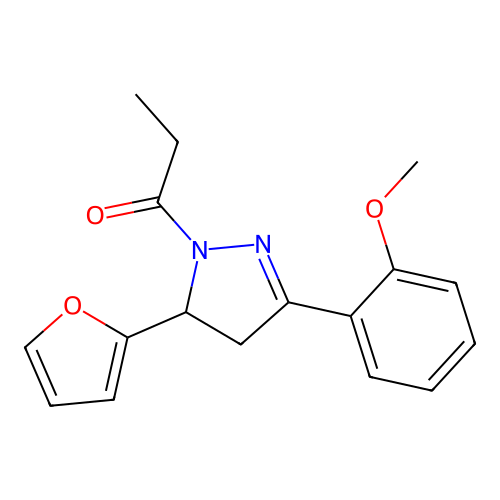1-[5-(furan-2-yl)-3-(2-methoxyphenyl)-4,5-dihydro-1H-pyrazol-1-yl]propan-1-one structure