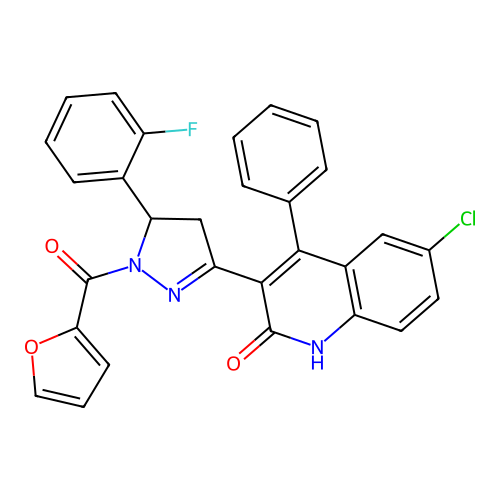 (3E)-6-chloro-3-[5-(2-fluorophenyl)-1-(furan-2-carbonyl)pyrazolidin-3-ylidene]-4-phenylquinolin-2-one structure