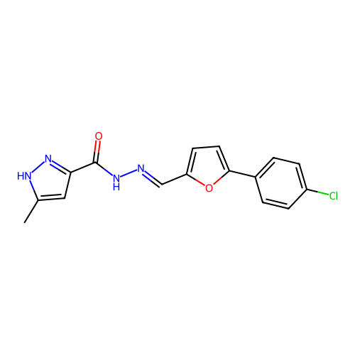 N'-((5-(4-chlorophenyl)furan-2-yl)methylene)-3-methyl-1H-pyrazole-5-carbohydrazide structure
